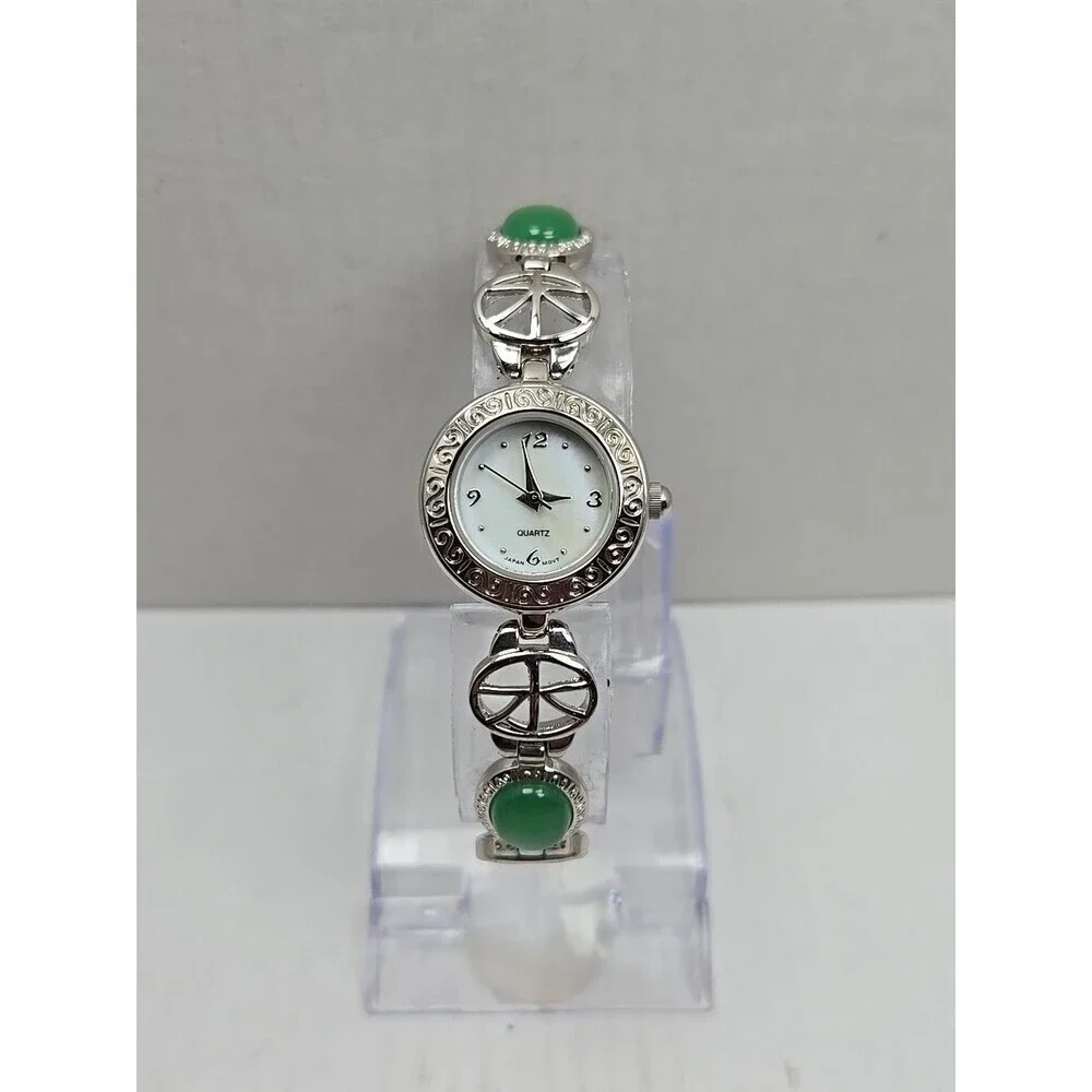Avon Green Cabochon Oval Link Bracelet Watch Silver Tone Quartz New Battery